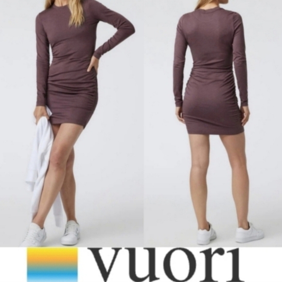 Vuori Long Sleeve Halo Essential Dress Elderberry Heather NWT Ruching  Stretch